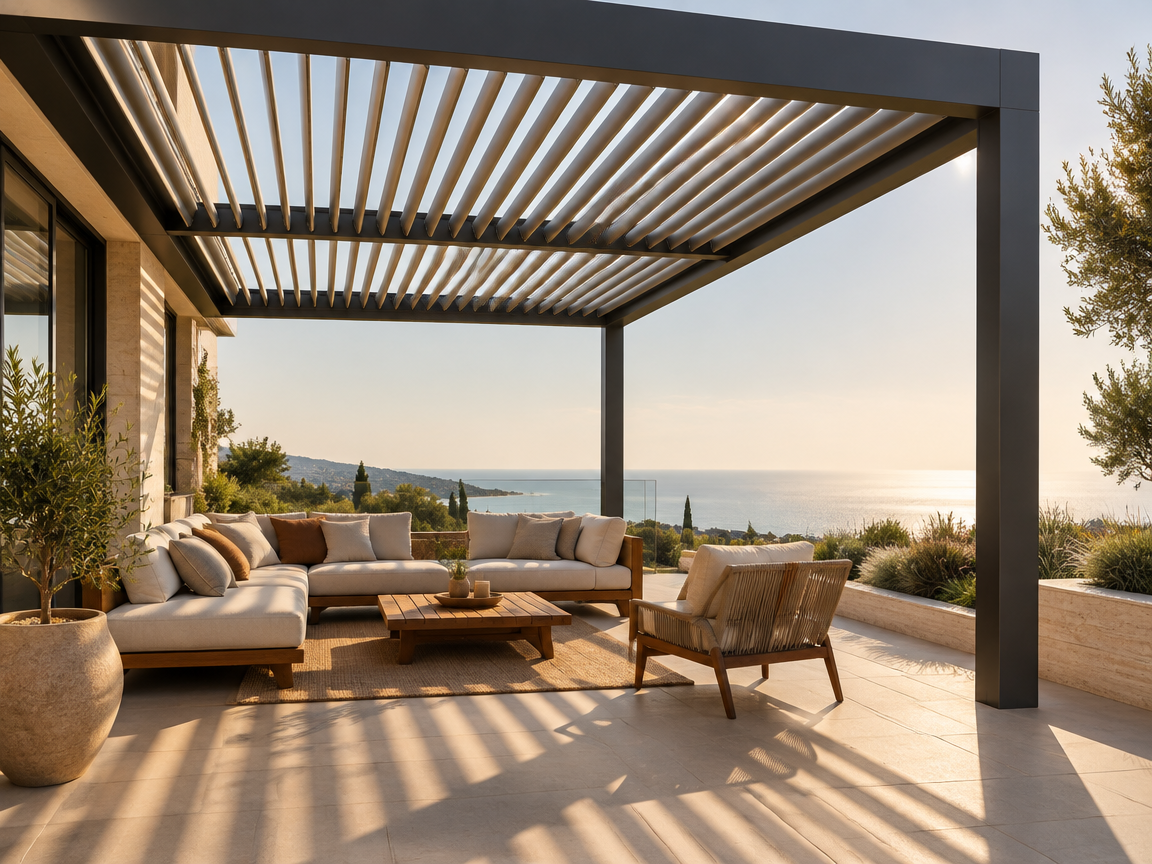 Pergola bioklimatyczna z regulowanymi żaluzjami dachowymi na tarasie